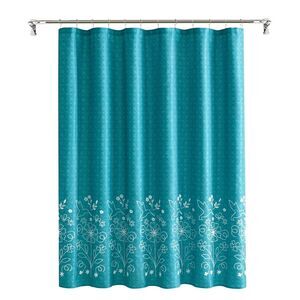 Pioneer Woman Mazie Shower Curtain Embroidered White Teal Blue Fabric Bath Gift